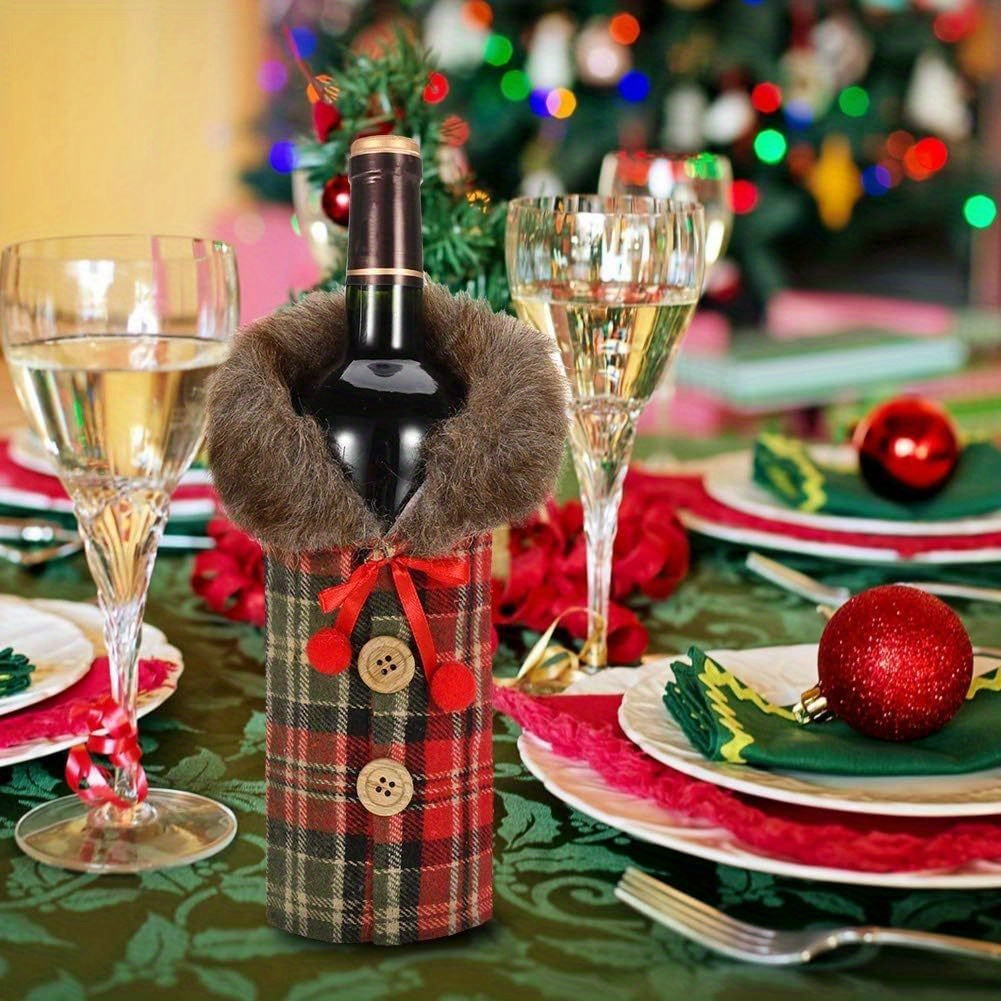 1pc wine bottle dress red checkered cloth wine bottle sweater cute wine lovers home decorations for christmas party family gathering leak proof bottle travel sleeve case safety wine bottle cover travel airplane car cruise protection details 2