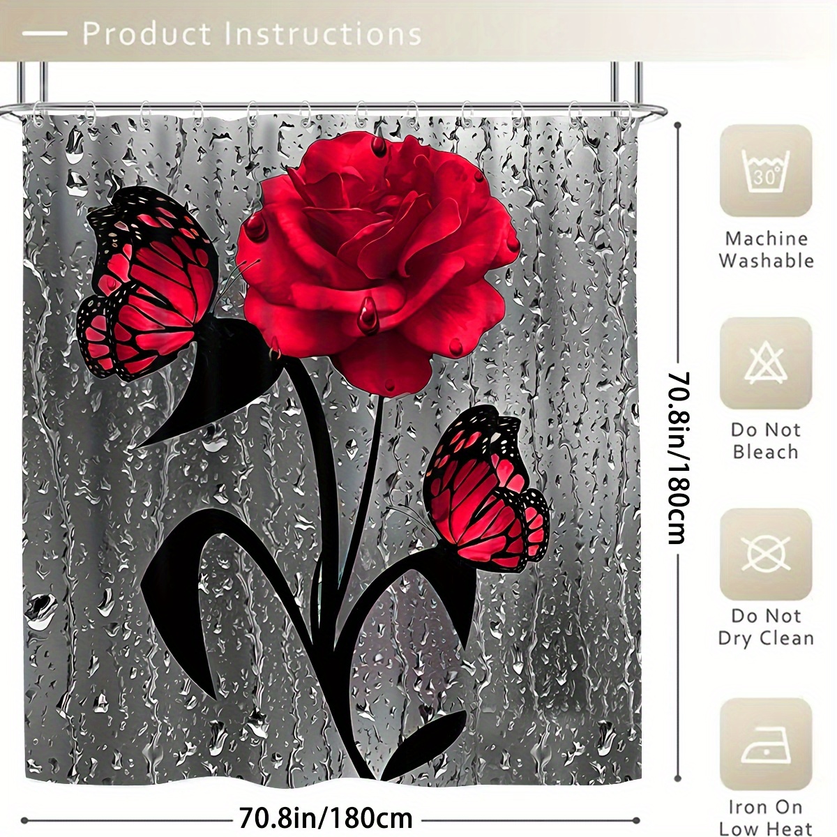 1pc Set Rose Waterproof Bathmat Shower Curtain Flowers Pattern Bath Curtain With 12 Hooks Anti ...