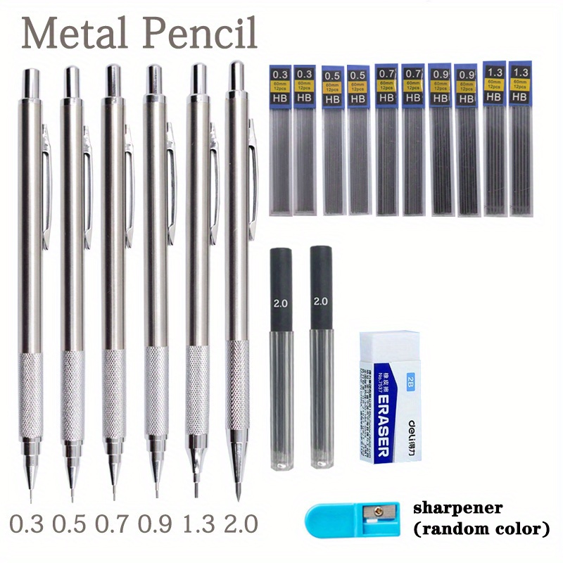 Metal Mechanical Pencil Set with Leads and Eraser Refills, 5 Sizes - 0.3,  0.5
