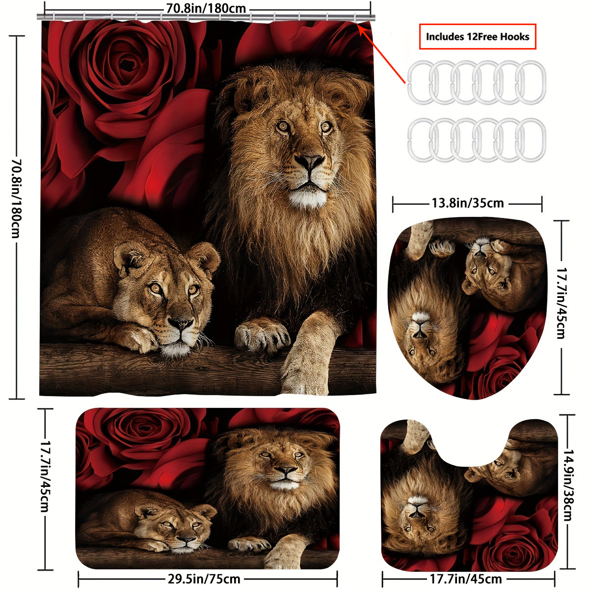 Waterproof Lion & Rose Flower Shower Curtain Set with 12 Hooks