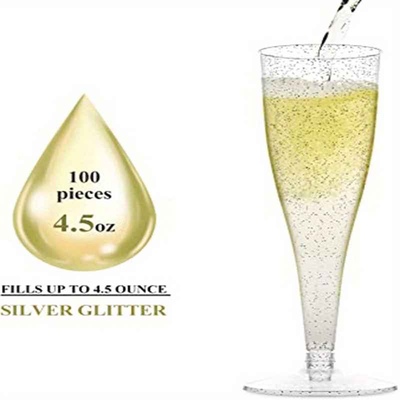 Unique Champagne Flutes Plastic 4pc Glitter Silver