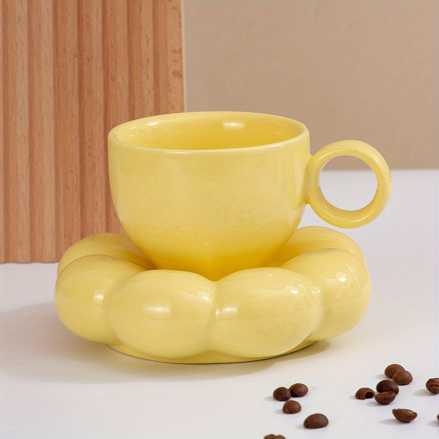 Artuxer Ceramic Cloud Coffee Mug,Cute Cup with Sunflower  Coaster Creative Ceramic Mug Set for Office, Home and Coffee Shop，  7oz/200ml for Coffee Tea Latte Milk (Pearl white): Cup & Saucer