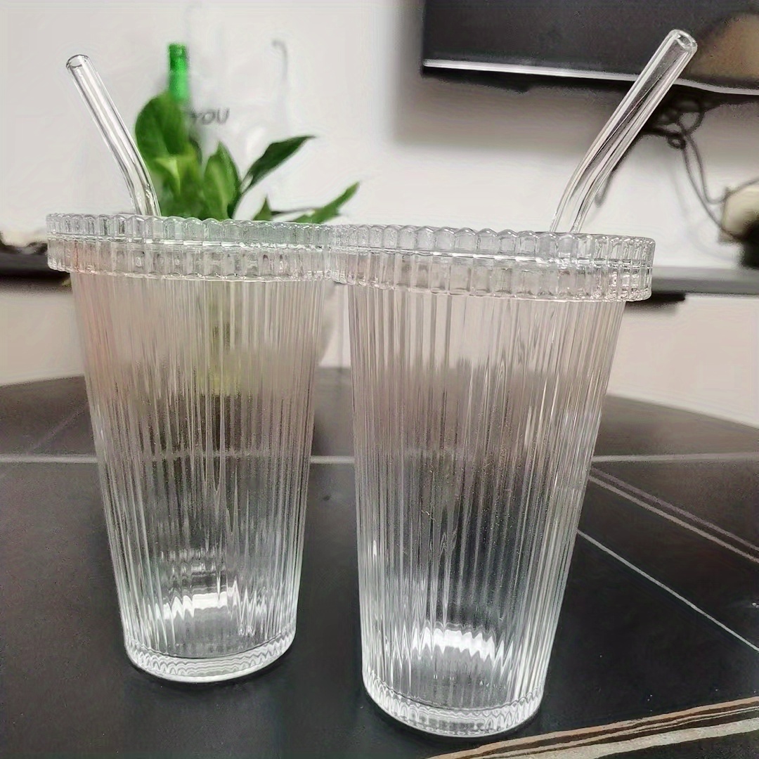 Ribbed Glass Tumbler With Lid And Straw, Origami Style Heat Resistant Glass  Water Bottle, Water Cups, Summer Winter Drinkware, Travel Accessories,  Gifts - Temu