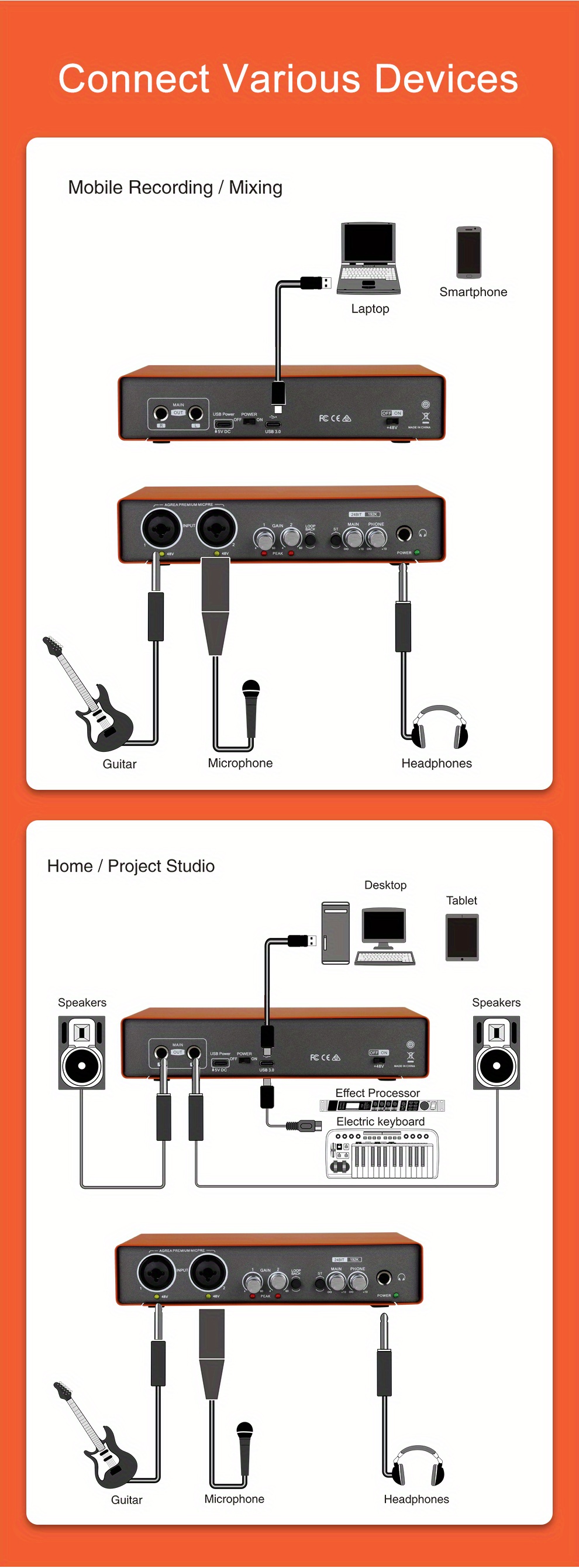 02 Carte son d'interface audio Guitare électrique Enregistrement en direct Carte  son professionnelle pour studio, si