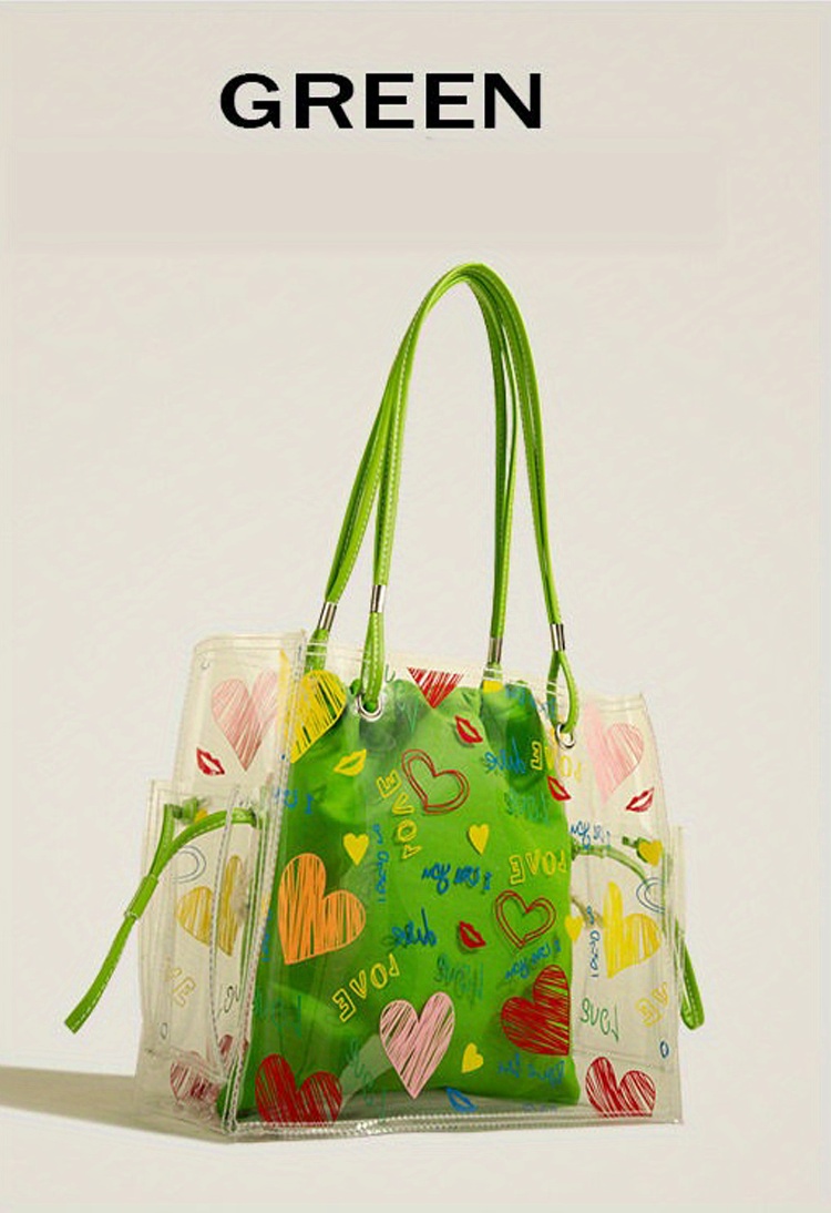 Green Cute Prints Clear Jelly Bag Large Tote Bags with Drawstring Pouch
