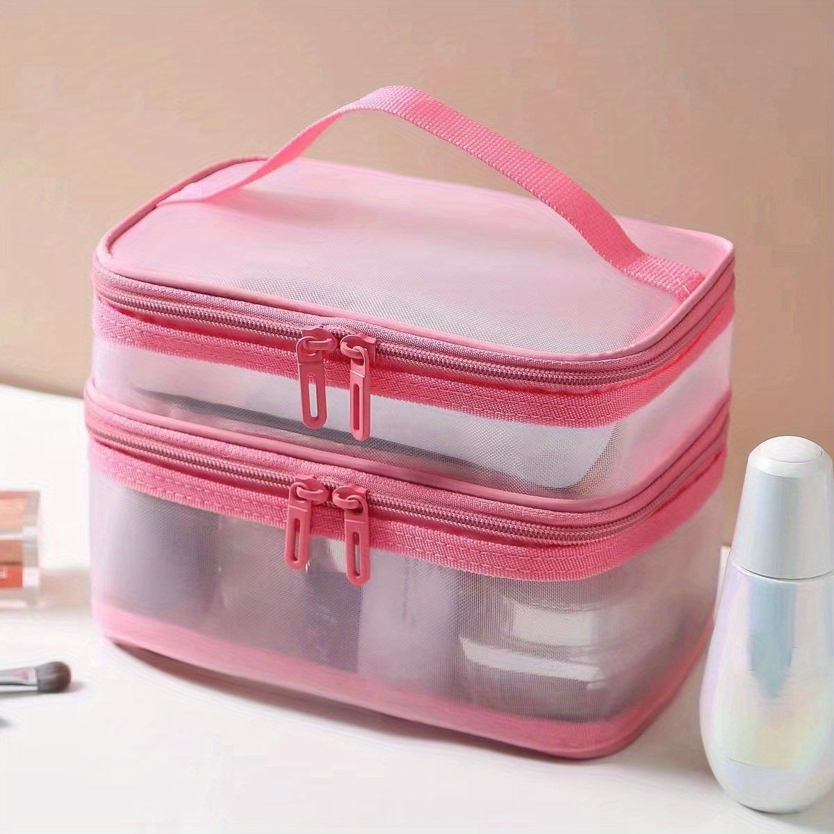 Makeup Organizer Bag, Double Layer Mesh Cosmetic Bag Travel Accessories For  Women, Portable Toiletry Bag Travel Bag Makeup Case Dorm Room Essentials,  Large Make Up Bag Organizer For Skin Care - Temu