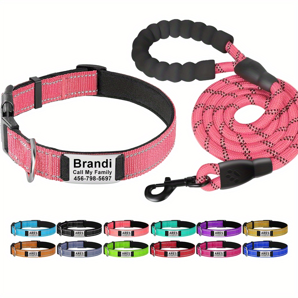 Personalized Reflective Dog Collar Leash Set Adjustable Safe Temu New
