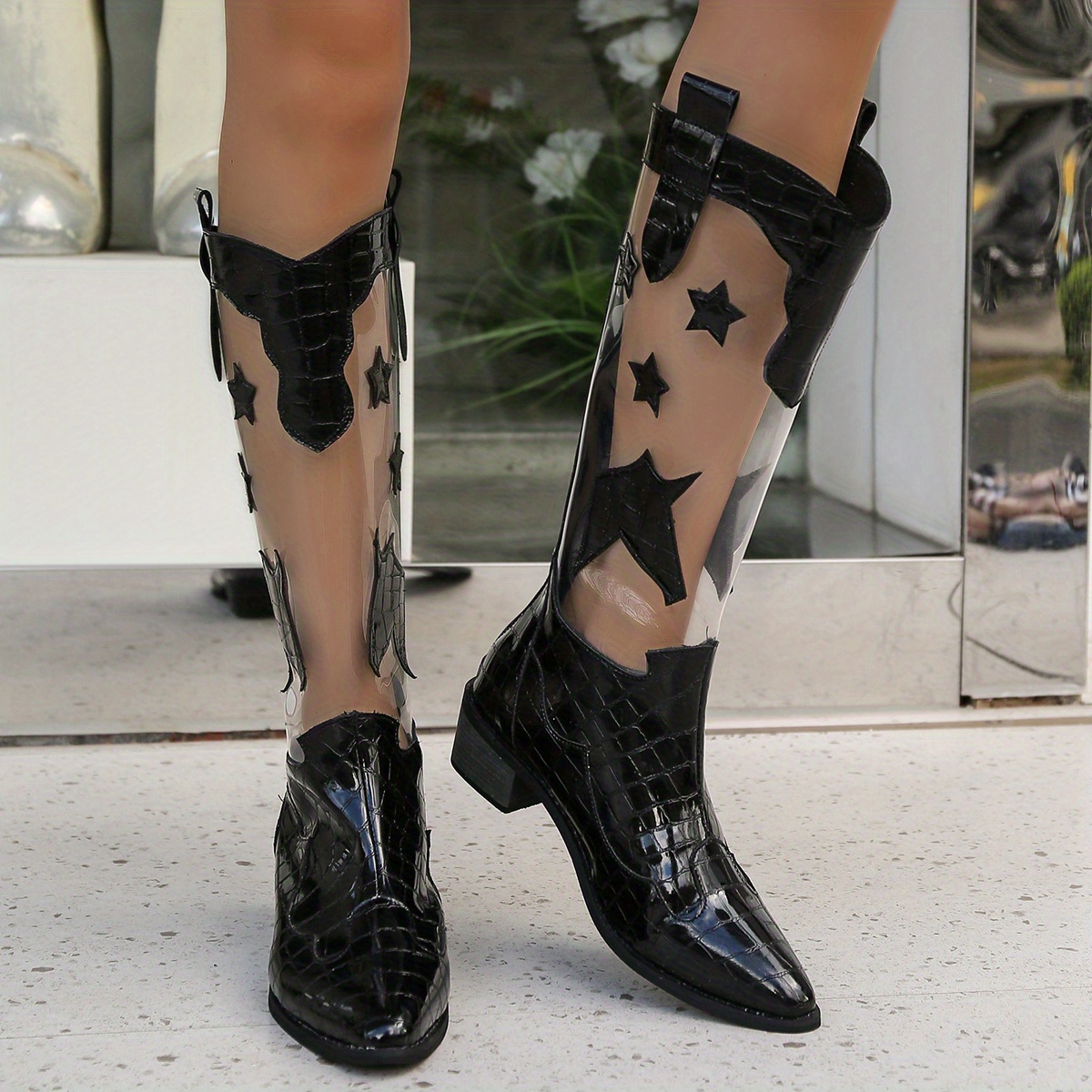 vamp cowboy boots women s star transparent pointed toe