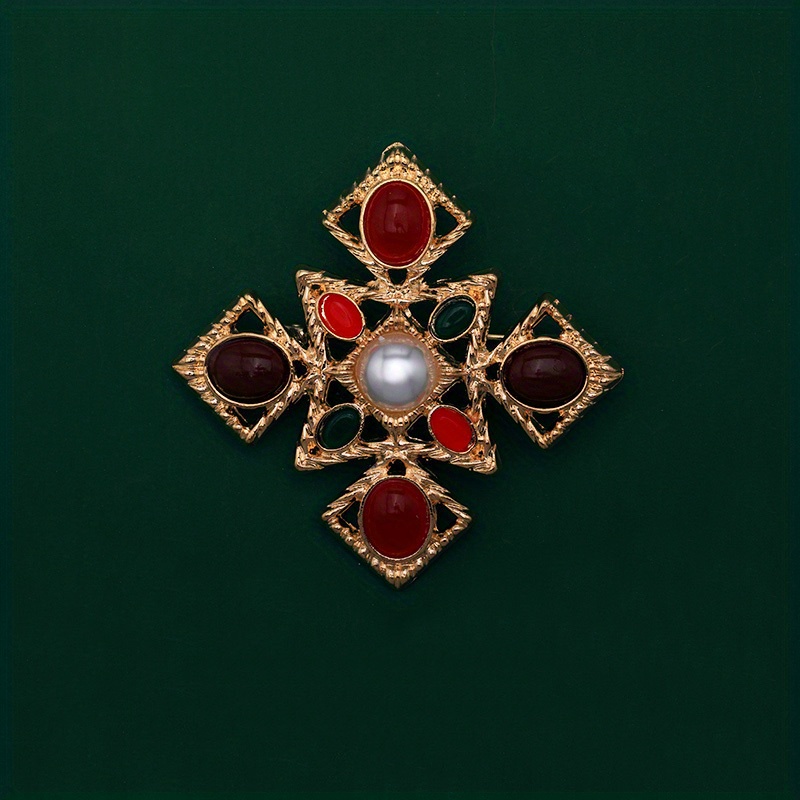 Baroque Vintage Golden Color Crystal Pearls Pin Brooch, Hollow