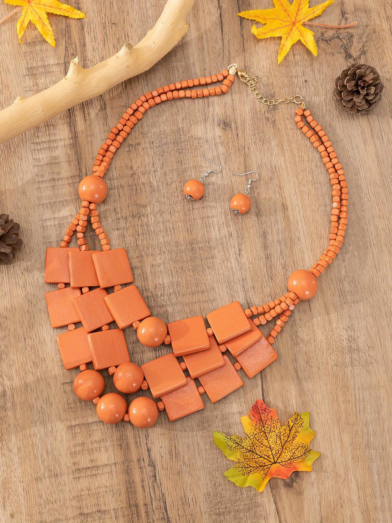Earrings Plus Necklace Boho Style Jewelry Set Made Wood Temu United