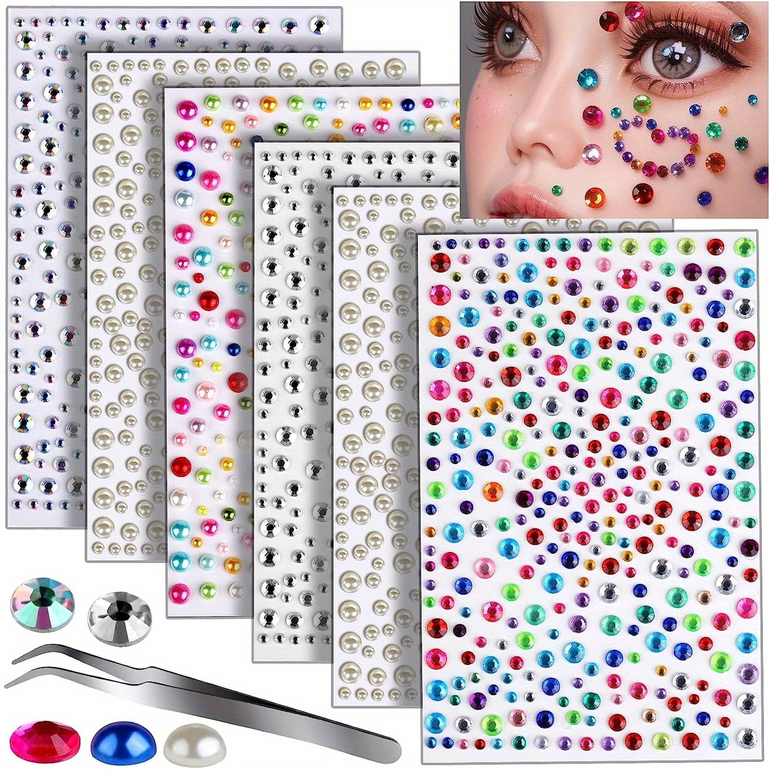 1320 Pcs 8 Sheets Rhinestone Stickers 3/4/5/6 mm Hair Gems Self Adhesive  Face Rhinestones Gems Jewels for Halloween Decorations Makeup Hair Body  (Clear, AB Color) in Dubai - UAE