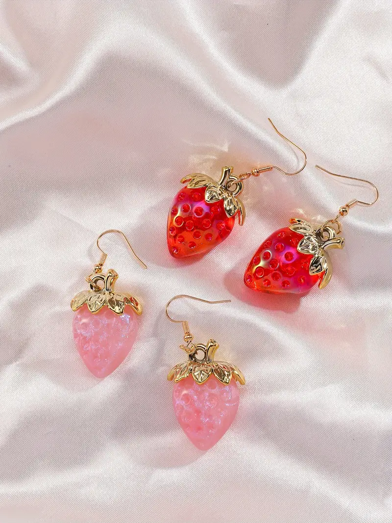 2 Pairs Cute Strawberry Design Dangle Earrings Simple Style Resin Jewelry, Jewels Adorable Gift for Women Girls, Resin, Various Color, Free Returns