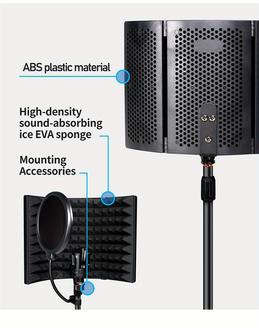 Agptek bouclier d'isolation de microphone pliable 42*30 cm, panneau pliant  avec réflecteur en mousse absorbante,pour enregistrement de microphone en  studio, pour montage sur pied ou table - Conforama