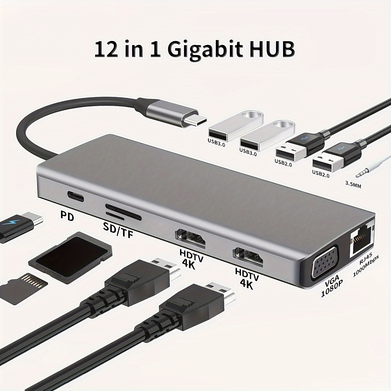 USB 3.0 Hub,12 in 1 Usb C Hub Multiport Adapter with Gigabit Port, PD Type