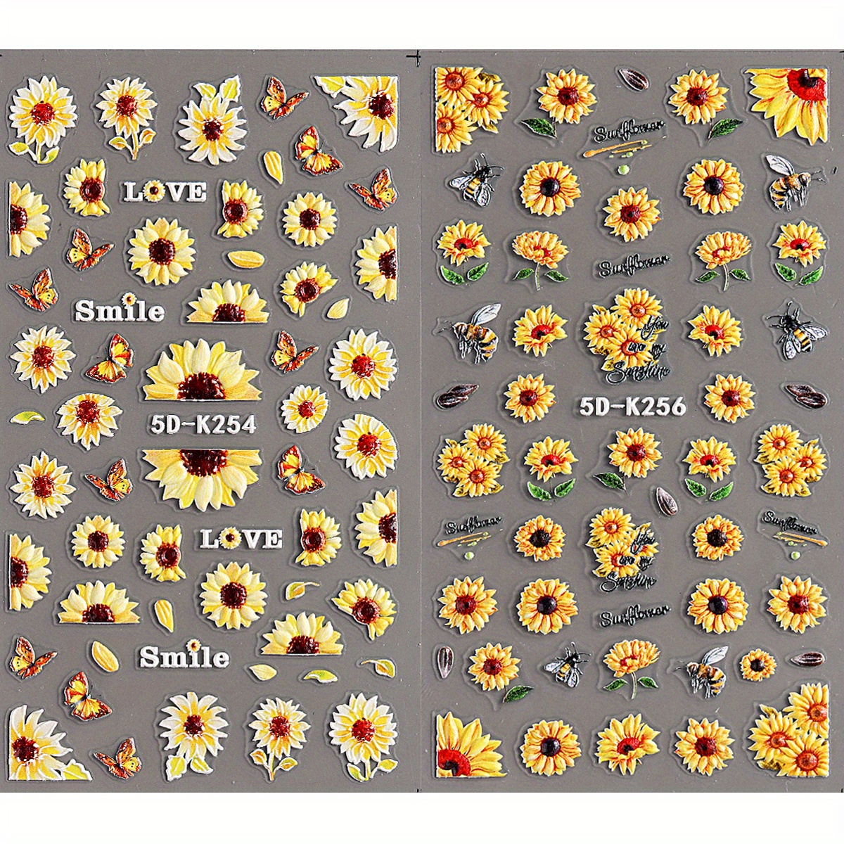 TEMU 2pcs 5d Embossed Sunflower, & Bee Nail Art Stickers - Vibrant Self-adhesive Daisy Leaf Decals For Diy Manicure, English Plant & Animal Designs, Easy To Apply, Scent-free