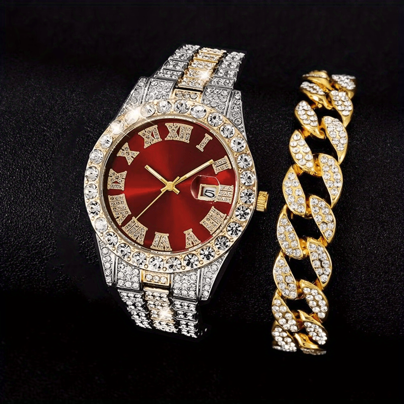 Reloj analógico de lujo para hombre de plata y dorado con diamantes unisex,  de moda, transparente, redondo, de cristal, hip hop, rapero, helado, para