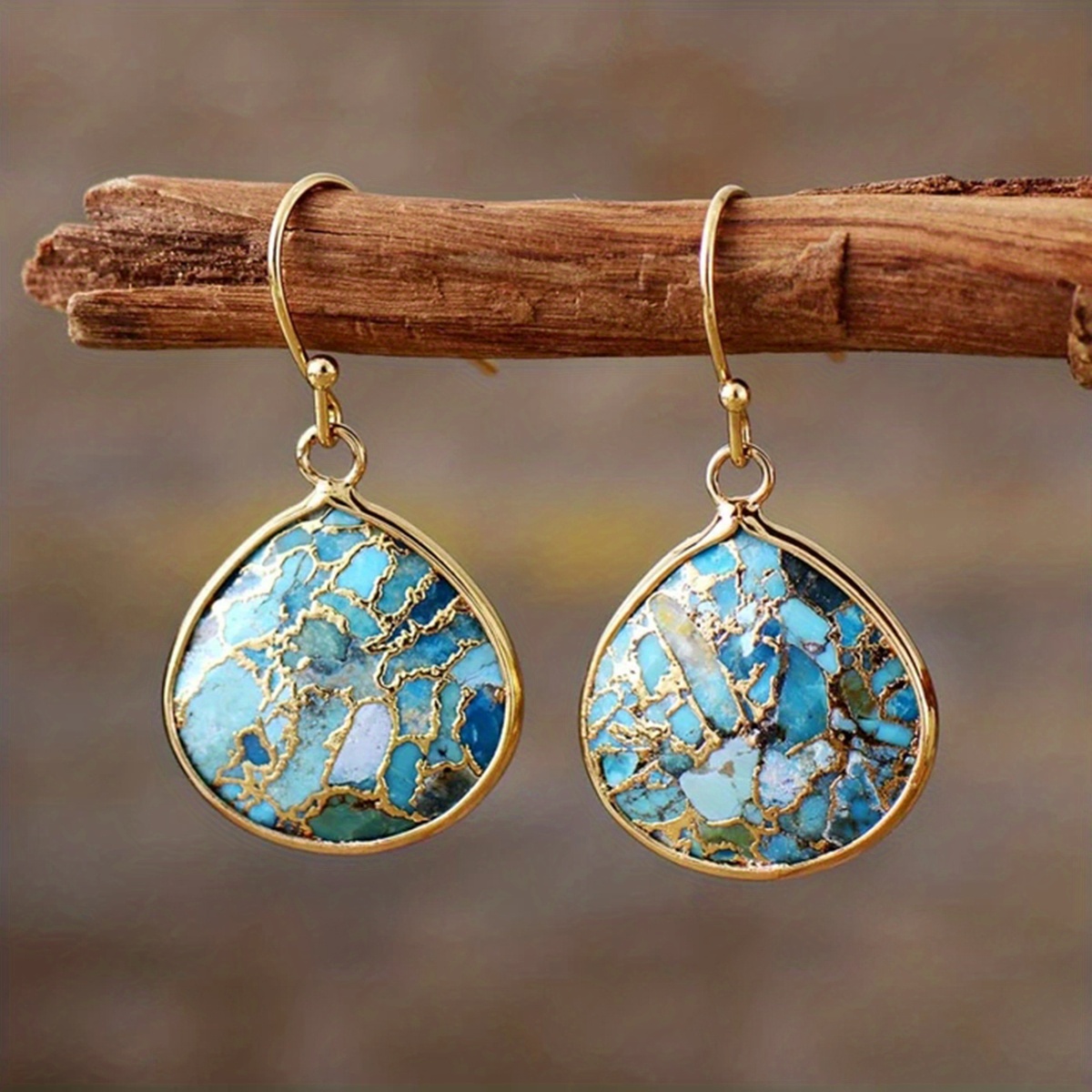 Image of A Pair Of Bohemian Style Golden Texture Turquoise Stone Earrings For Women And Gift