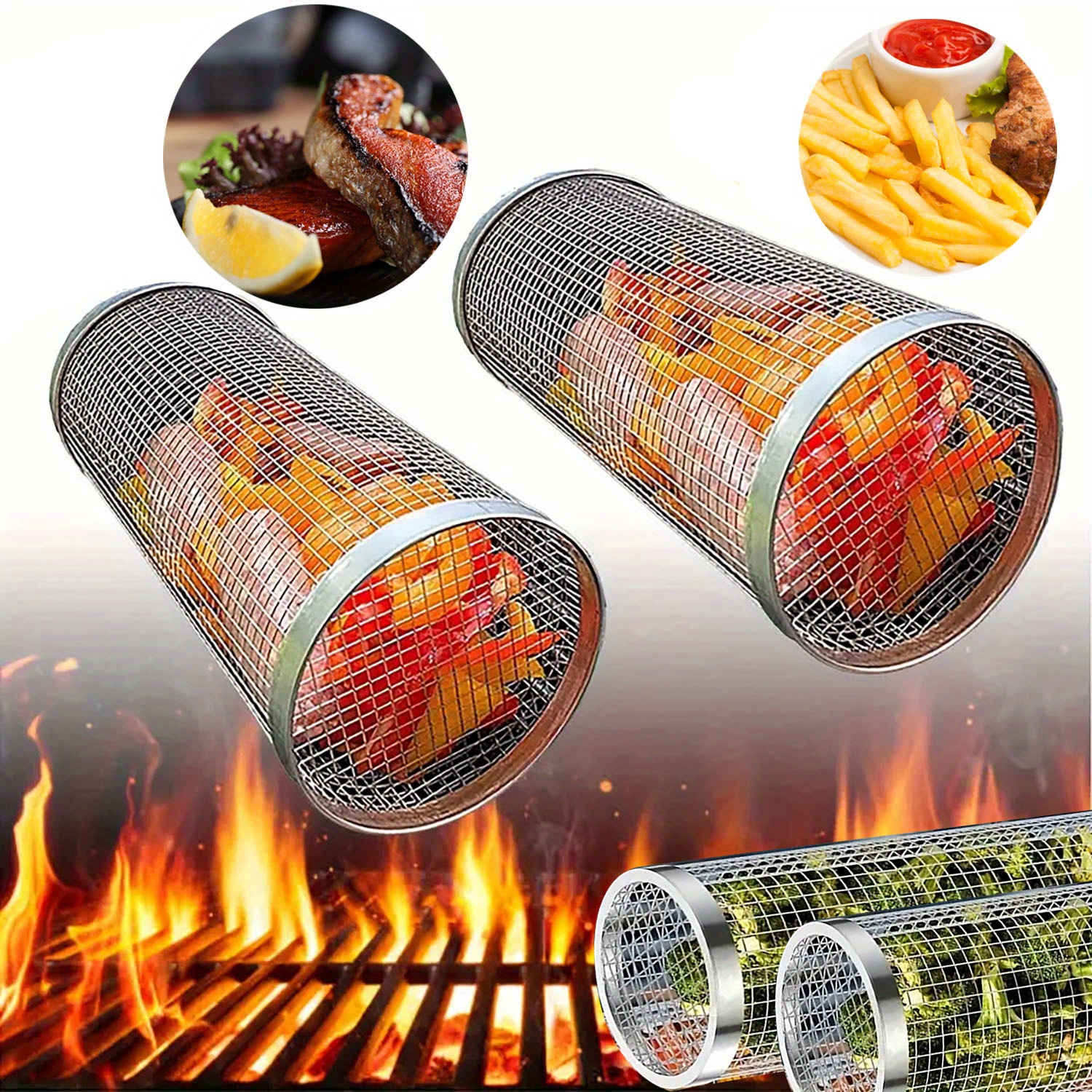 2PCS Rolling Grilling Baskets for Outdoor Grilling - Round Stainless Steel  Grill Basket Set for Outdoor Grill,Grill Accessories for Camping