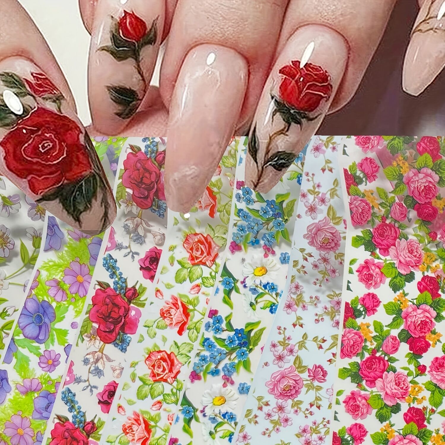 10pcs Rose Flower Patterns Transfer Foil Nail Art Valentines Floral Leaves  Starry Nail Foil Sticker Decal Adhesive Wraps