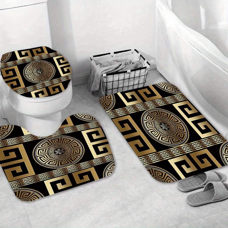 Shower Curtain Bath Mat Set Black Golden Geo 12 Hooks Non - Temu Canada