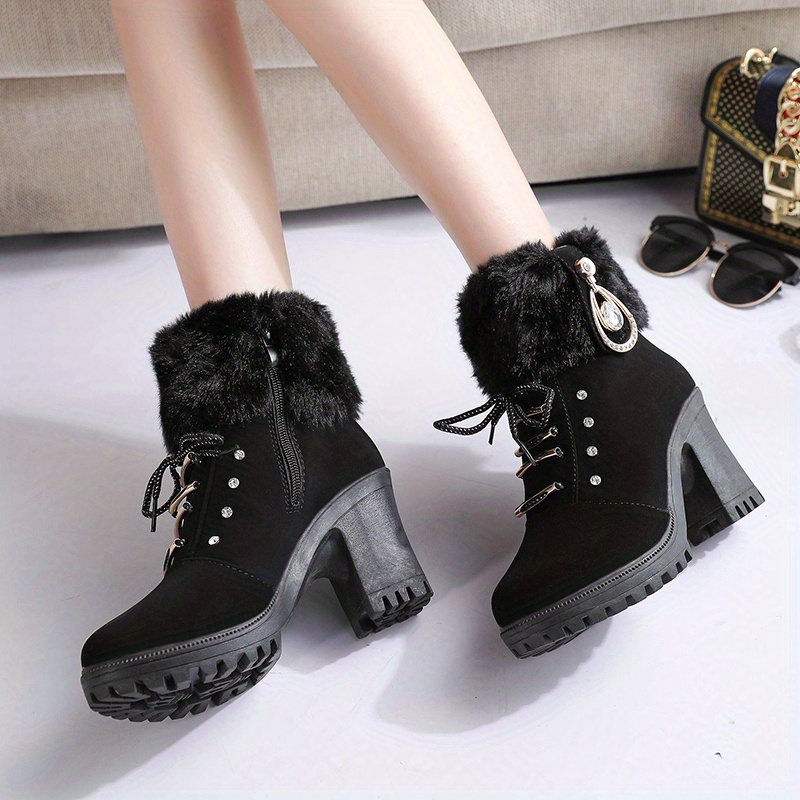 Women's Chunky High Heels Ankle Boots Platform Rhinestones Side Zip Party  Shoes
