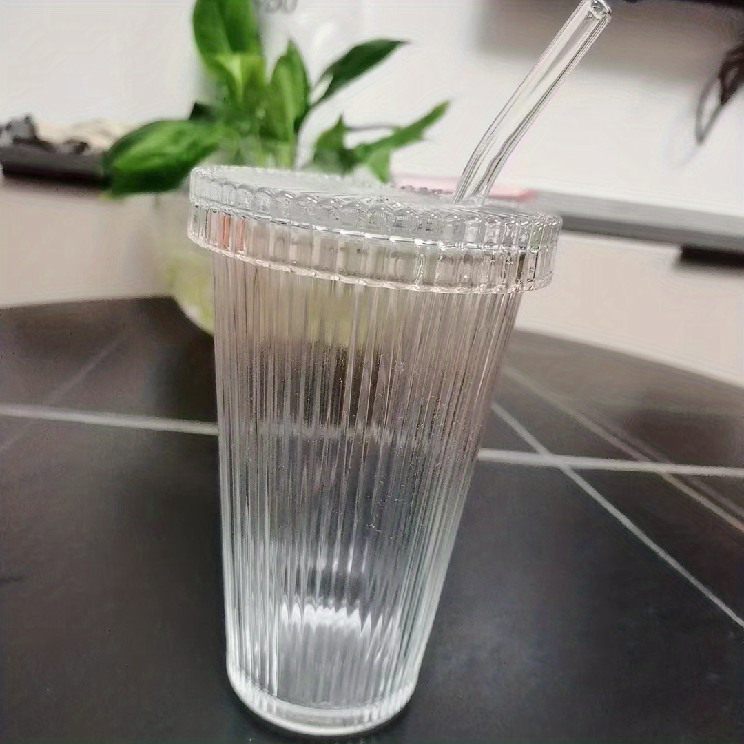 Ribbed Glass Tumbler With Lid And Straw, Origami Style Heat Resistant Glass  Water Bottle, Water Cups, Summer Winter Drinkware, Travel Accessories,  Gifts - Temu