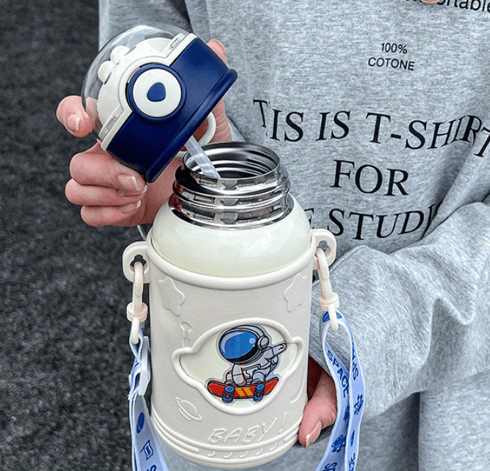 Cartoon Astronaut Vacuum Flask With Straw Stainless Steel - Temu