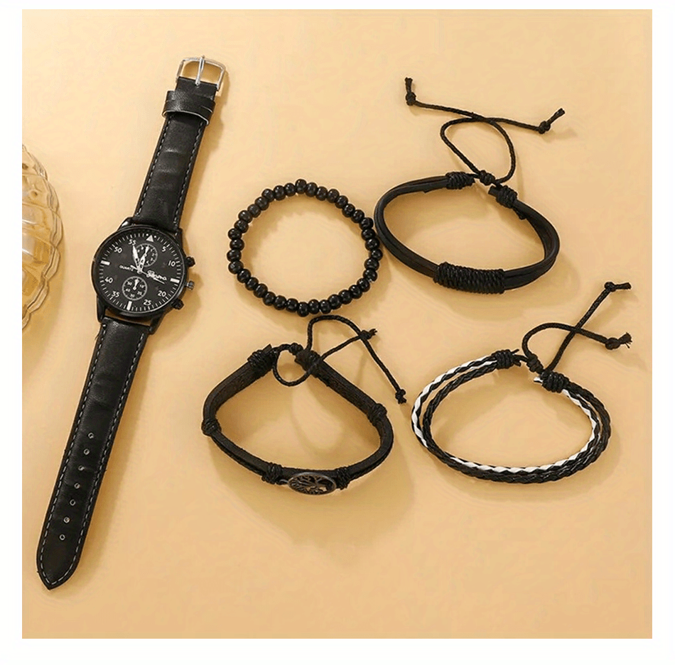 5pcs set fashion mens casual black   tree hand rope quartz watch details 6