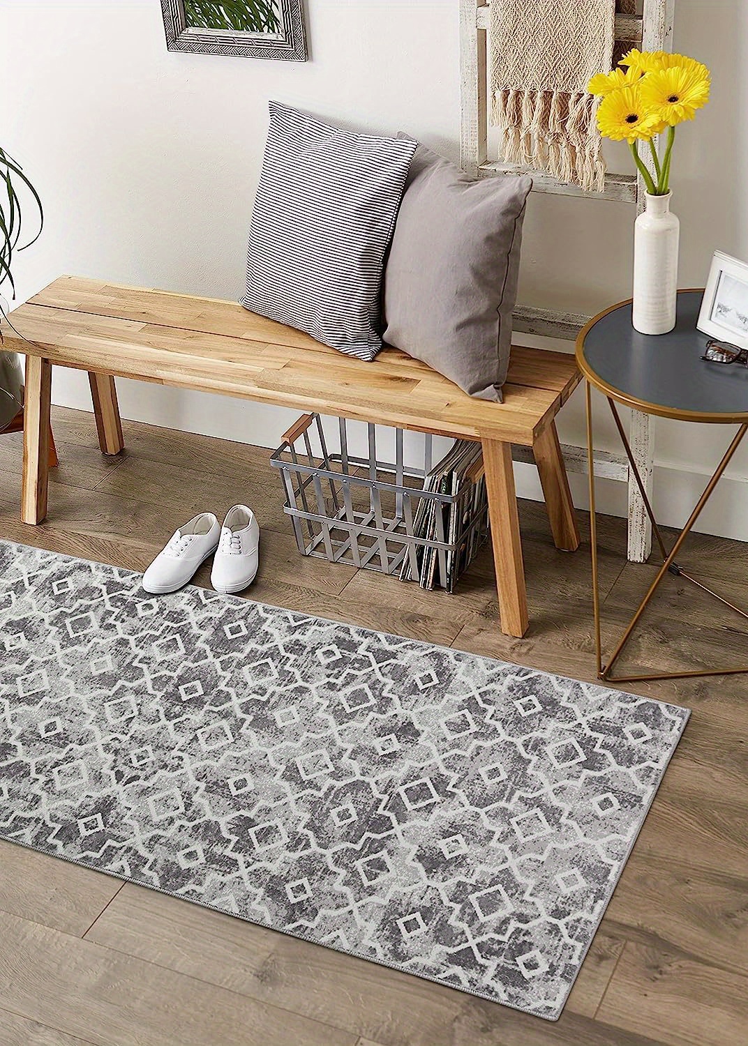 Grey Black Bohemian Tribal Area Carpet, Retro Grid Small Entrance