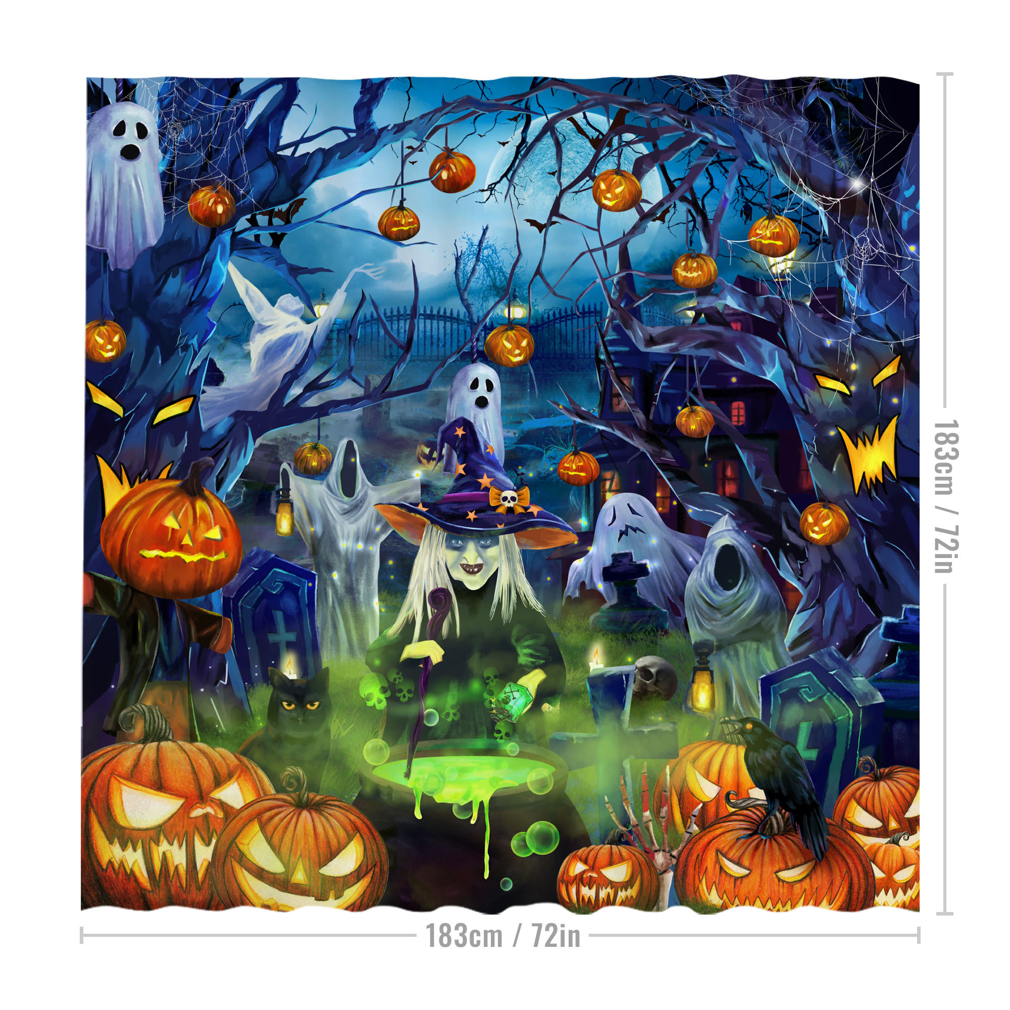 Cortina de ducha de Halloween divertida con diseño de calavera, dinauar,  calabaza, luna completa, noche, árbol muerto, murciélago, terror, gótico
