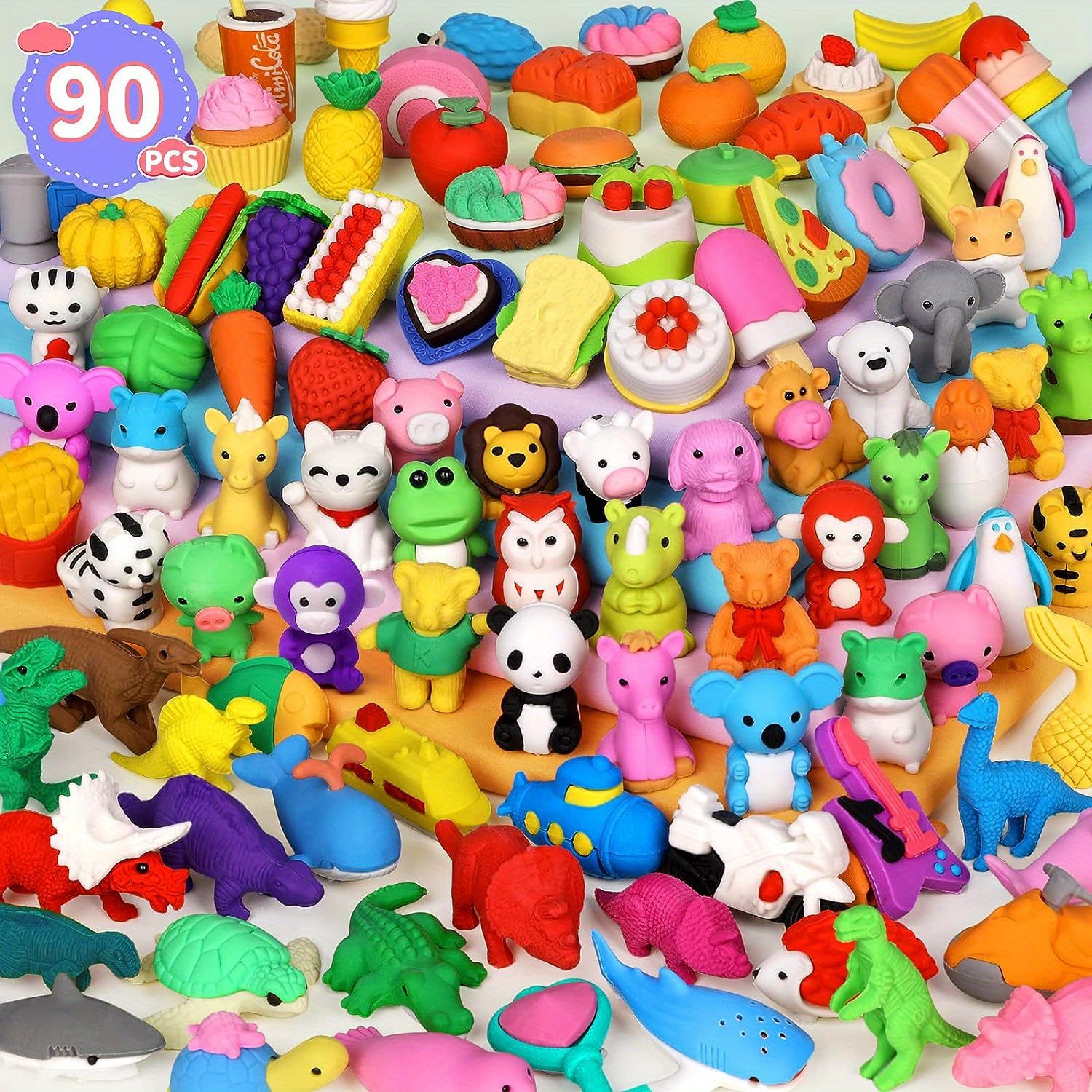 Fun Little Toys 60 Pcs Pencil Erasers Toy Set for Kids Classroom Prizes, Gifts for Kids, Bulk Puzzle Erasers for Party Favors Goodie Bag School