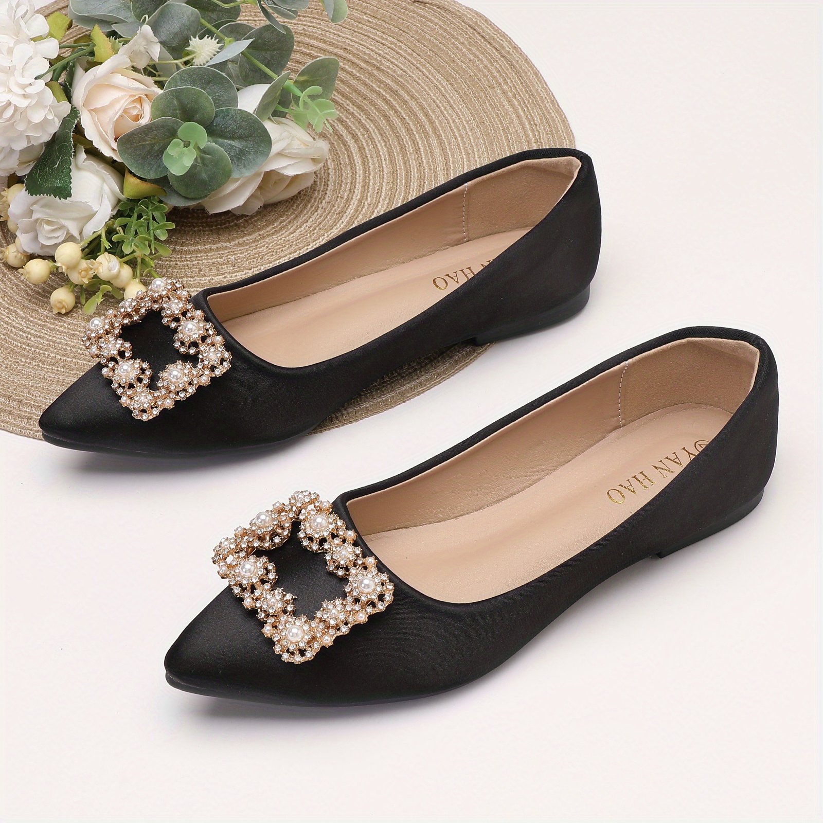 Women's Satin Ballet Flats Pearl Decor Dress - Temu