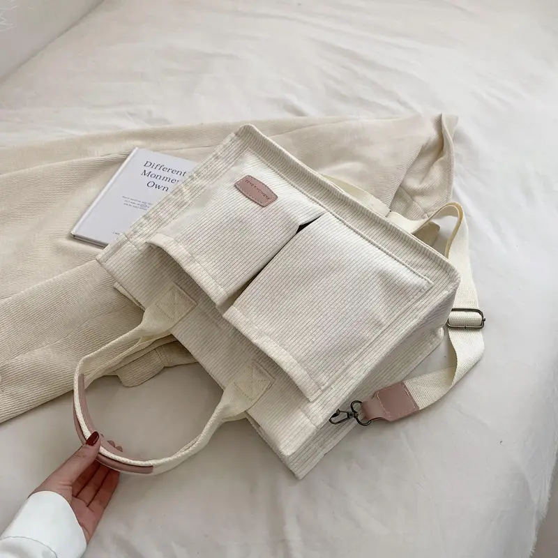 Large Capacity Corduroy Tote Bag Casual Multi Pockets - Temu