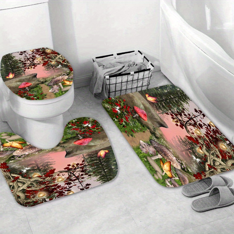 Forest Mushroom Magic Waterproof Shower Curtain Bath Mat Toilet Cover Set  Mat