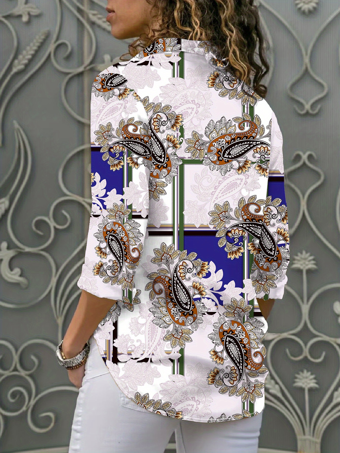 100%Cotton🍃Paisley Art Print Casual V-neck Long Sleeve T-shirt main image 0
