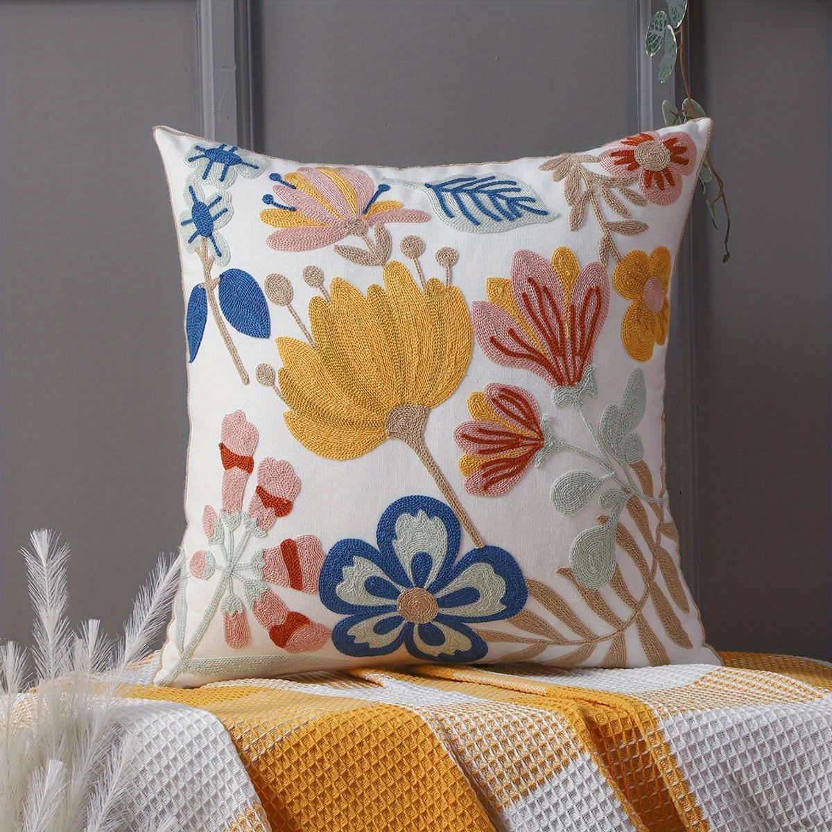Image of Canvas Floral Embroidered Pillowcase (pillow Insert Not Included), 1pc