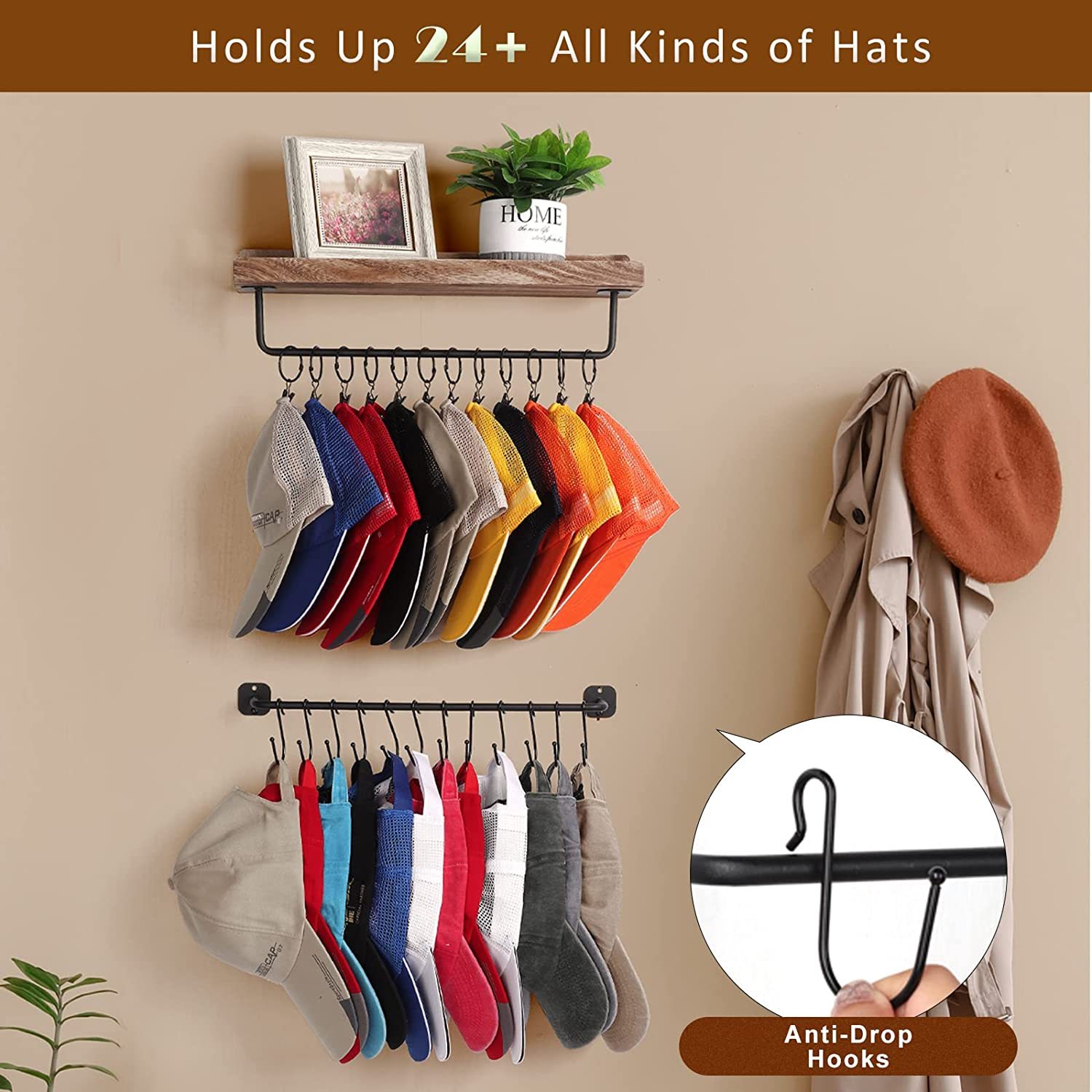 12hooks+12clips Hanging Metal Hat Rack Wall Mounted Hat - Temu Canada