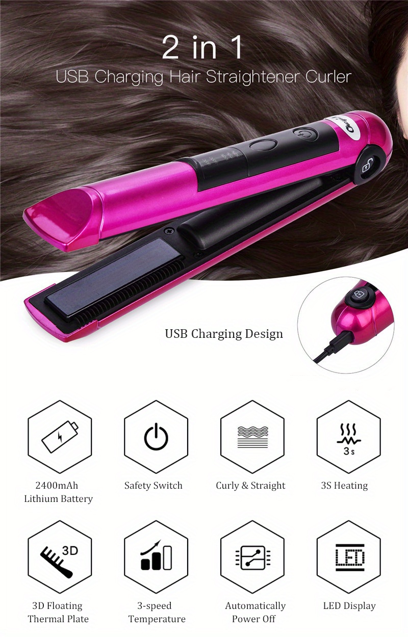 2 in 1 flat iron usb wireless hair straightener portable professional cordless roller curler ceramic fast heating styling tools details 0