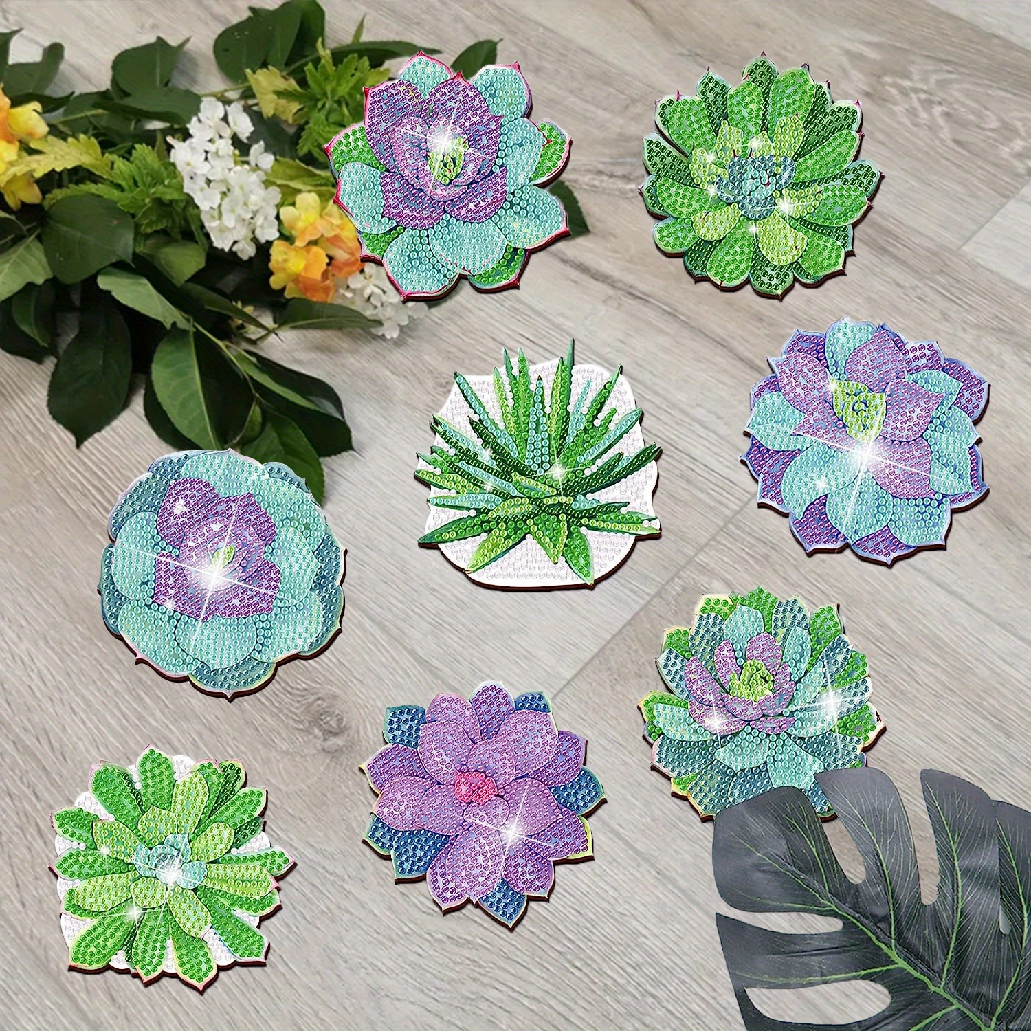 Succulent Artificial Diamond Art Coasters Green Plant - Temu