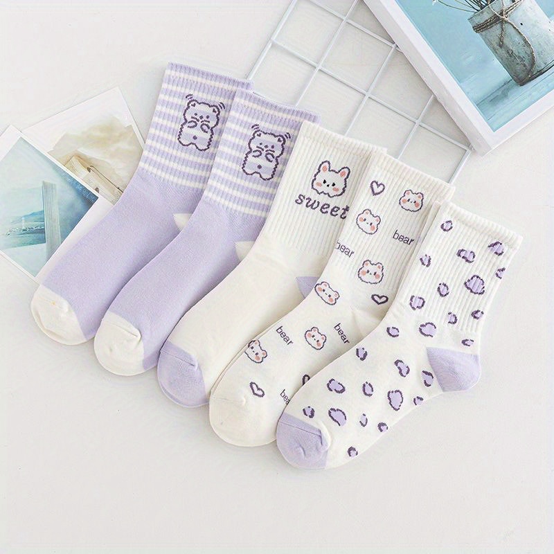 5pairs Girls Kids Rabbit Bear Socks Breathable Comfy Socks