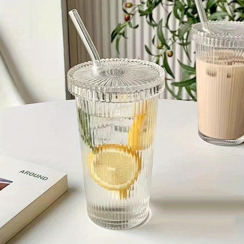 Ribbed Glass Tumbler With Lid And Straw, Origami Style Heat Resistant Glass  Water Bottle, Water Cups, Summer Winter Drinkware, Travel Accessories,  Gifts - Temu