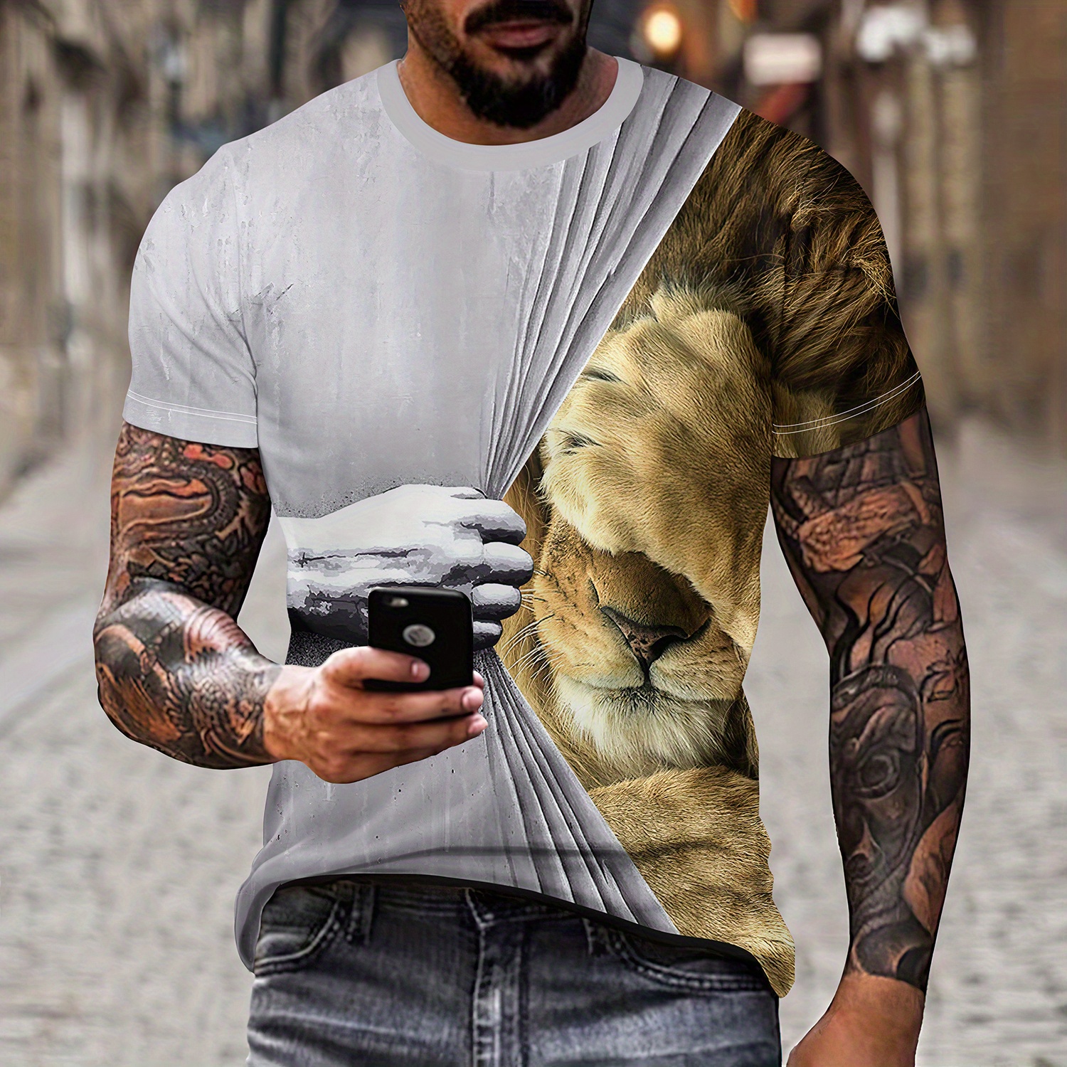 3d Lion Pattern Print Men's Graphic Design Crew Neck Niche T - Temu ...