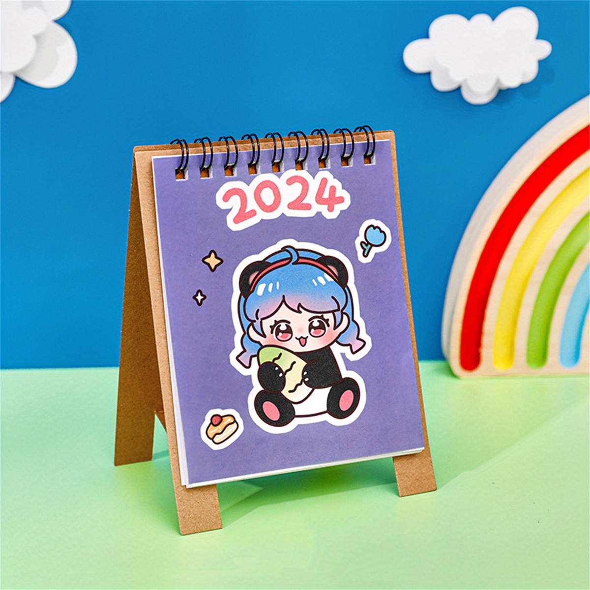 2024 Mini dessin animé bureau calendrier bureau à domicile support  rabattable planificateur mensuel décor