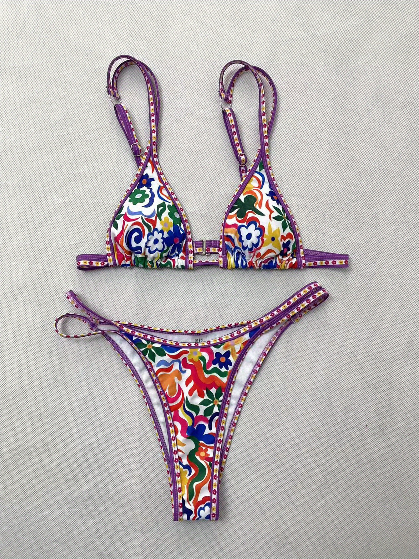 Cute Floral Print Double Strap Bikini Contrast Trim Triangle Stretchy