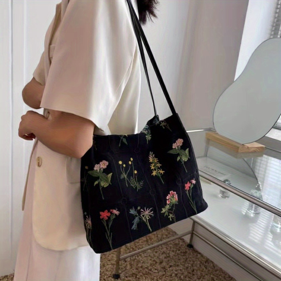Daisy Flower Tote Bag, Cotton, Embroidered, Shopping Bag, Shoulder Bag  Flower Design Birthday Gift