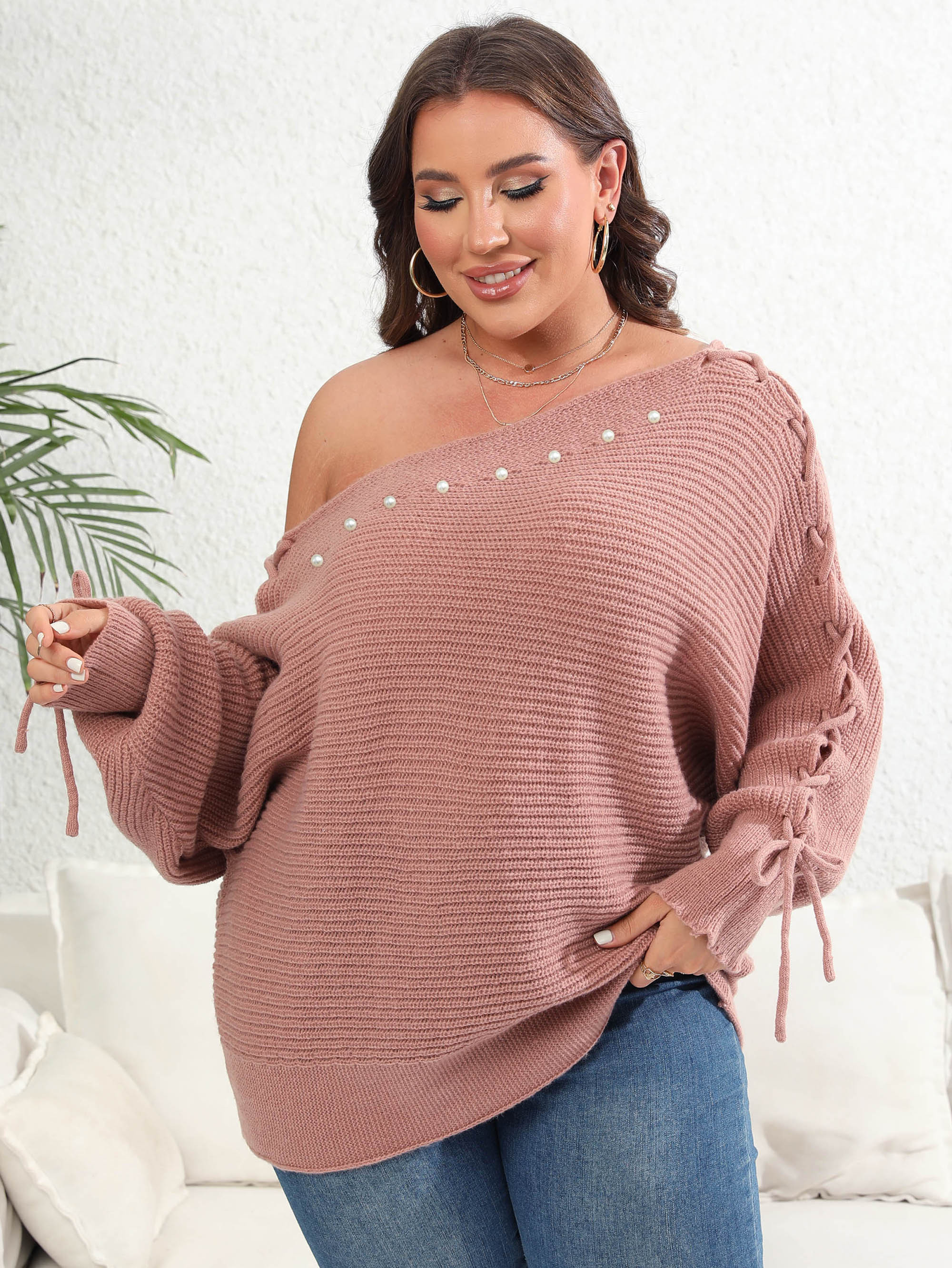 Plus Size Sexy Sweater Women s Plus Faux Pearl Decor One Temu