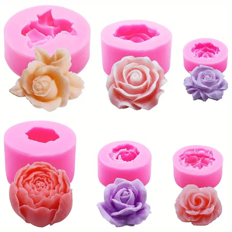 Meoflaw 6pcs 3D Flower Silicone Molds Set, Bloom Rose Silicone Molds for Soap Making ,peony Molds for Handmade Chocolate, Cupcake, Dessert Decoration (6pcs A)