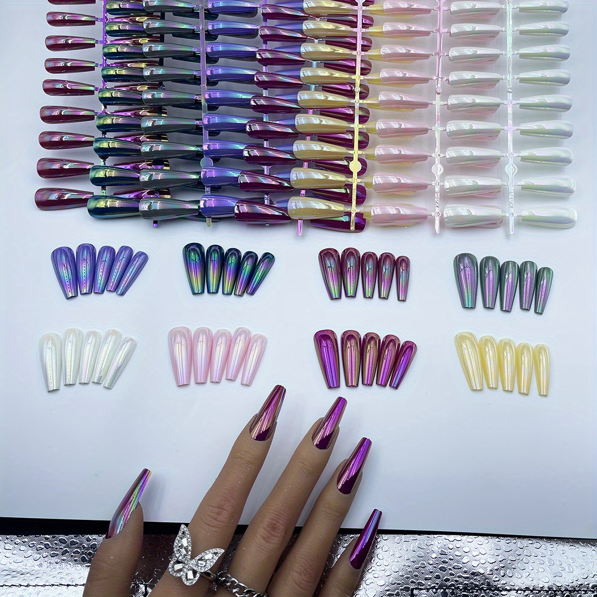 Upgrade Your Style With This Set Of Long Ballet-shaped False Nails In 8 Vibrant Colors, Featuring A Glossy Aurora End