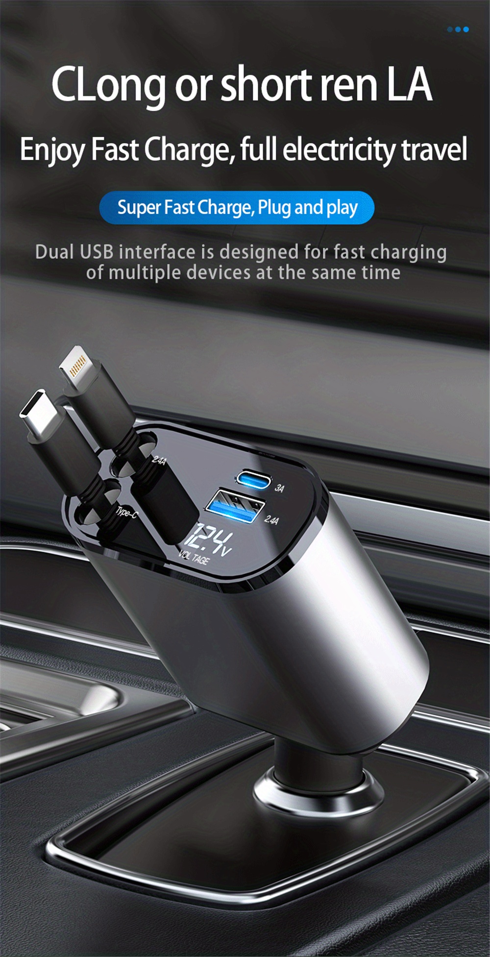 100w 4 in 1 car charger comes with retractable cable digital display fast charging usb type c for iphone xiaomi samsung adjustable cord cigarette lighter adapter details 0
