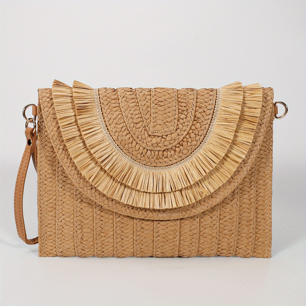 Woven Straw Clutch Bag Flap Magnet Handbag Solid Weaving Purse Wristlet